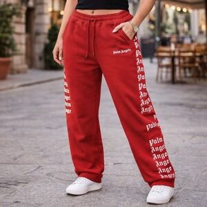 Palm Angels Pants Women L Red Sweatpants Logo All Over Side Hit Italy